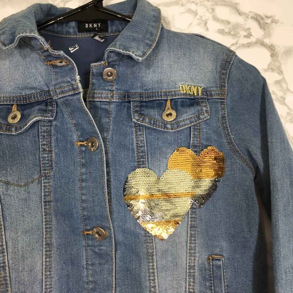 DKNY SEQUINS‎ DENIM BUTTON UP LONG SLEEVE JACKET GIRL LARGE